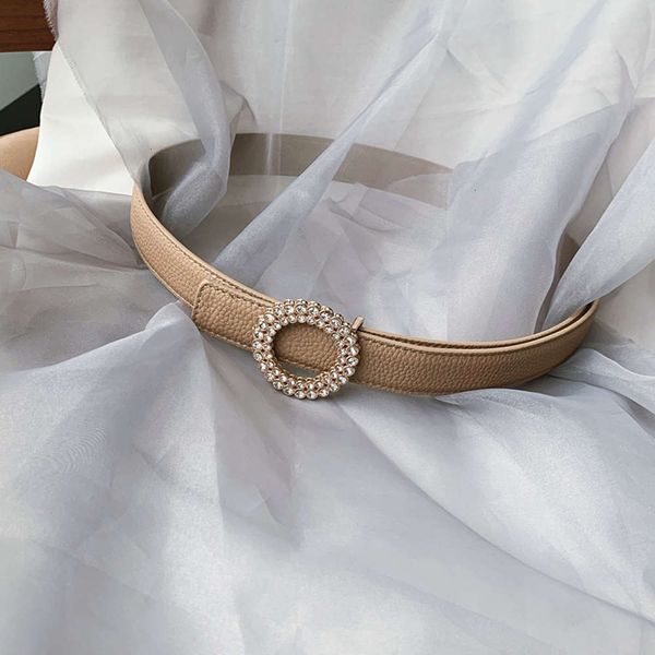 

inlaid korean diamond edition ring smooth button litchi pattern pu leather women's dress shirt versatile casual belt, Black;brown