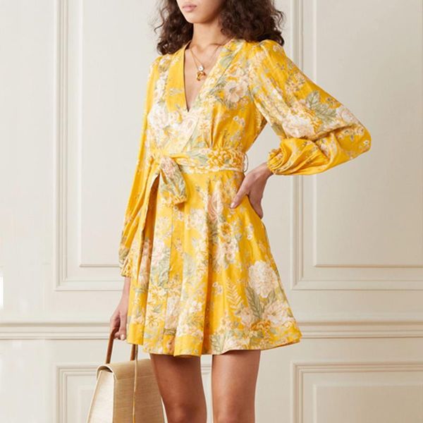 

yellow floral mini dress puff sleeve boho summer dress elegant long sleeve linen short wrap for holiday one-piece, Black;gray