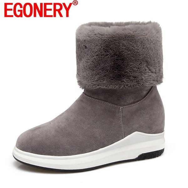 

egonery snow boots woman shoes round toe wedges slip on ankle boots 4 cm low heel 3 color winter style warm platform booties, Black