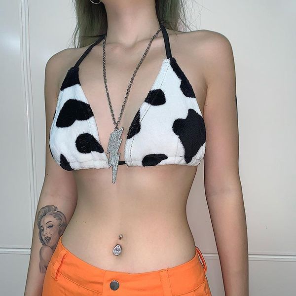 

cow print plush crop bar backless streetwear camis summer party beach cropped underwear mujer white