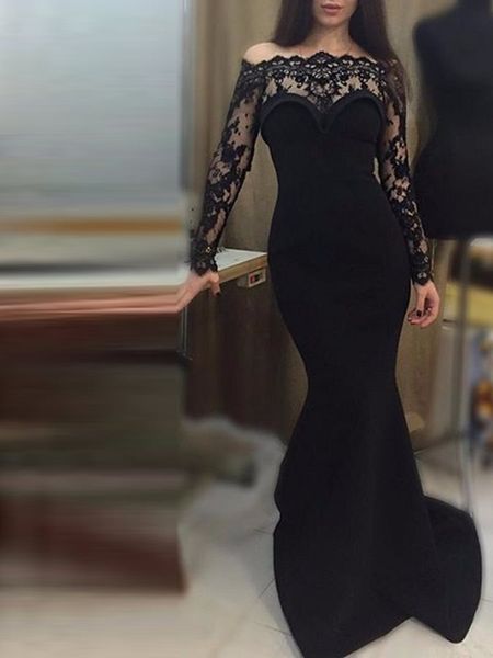 

unique design off the shoulder stretch fabric prom gowns long sleeve evening party dress for special occations custom made, Black;red