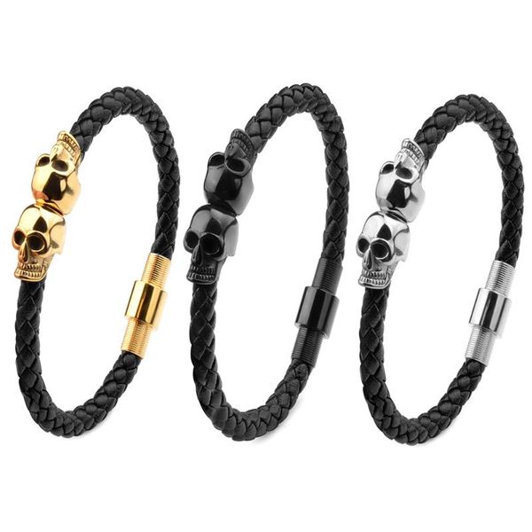 

charm bracelets stainless steel cool skull skeleton head bangle black braided genuine leather bracelet for men jewelry gift, Golden;silver