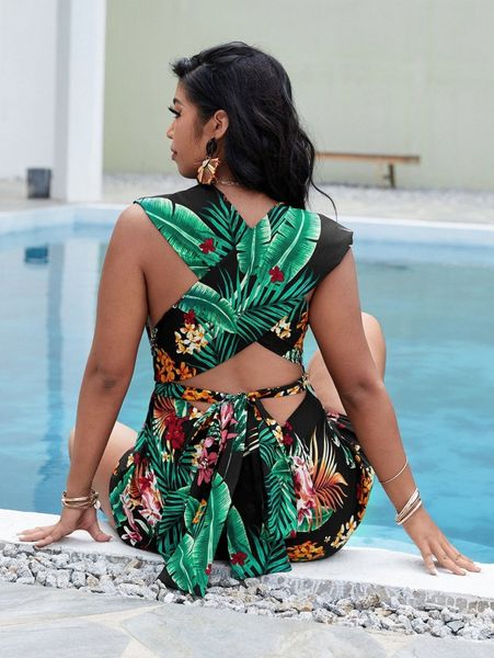 

plus tie back cross wrap tropical print romper j8ir#, Black