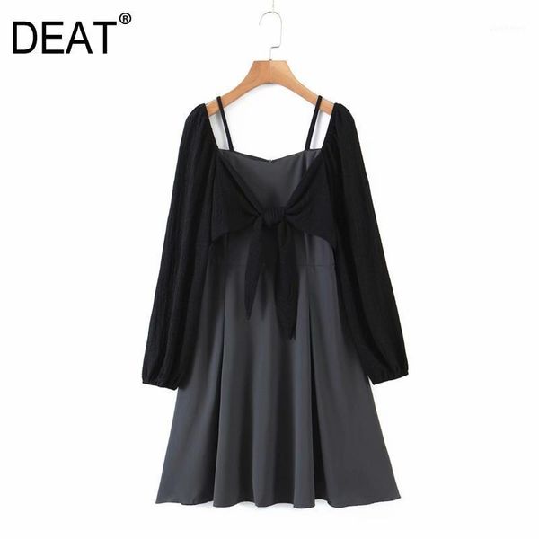 

deat] 2021 spring autumn new fashion tide women square collar high waist long sleeve splicing loose fake two mini dress 13w3411, Black;gray