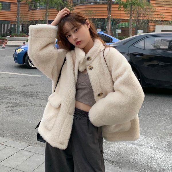 

women's fur & faux lucyever sweet white coat women winter thick warm stand collar furry overcoat korean style button jacket 1, Black