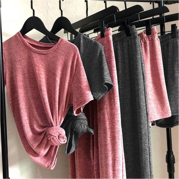 

lazy man's three piece fairy house suit pants suithome clothes pants set casual suit net red housewear women's 2020 summer wide le, Gray