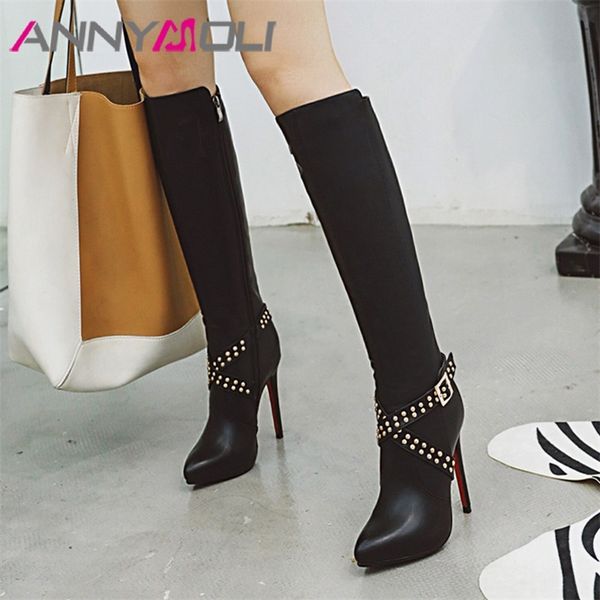 

annymoli winter long boots women boots buckle stiletto high heels knee high boots rivets zipper shoes female autumn big size 43 t200425, Black