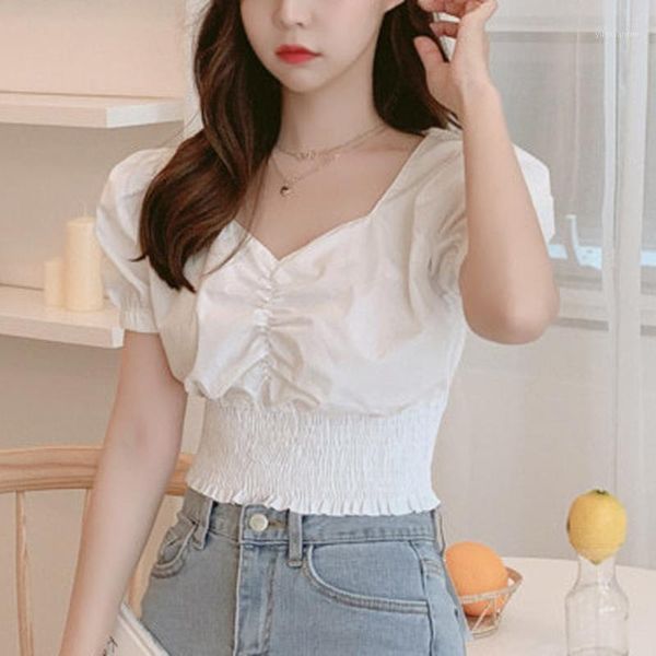 

summer fashion women casual short puff sleeve solid v-neck ladies short hollow slim blouses shirt blusa feminina1, White