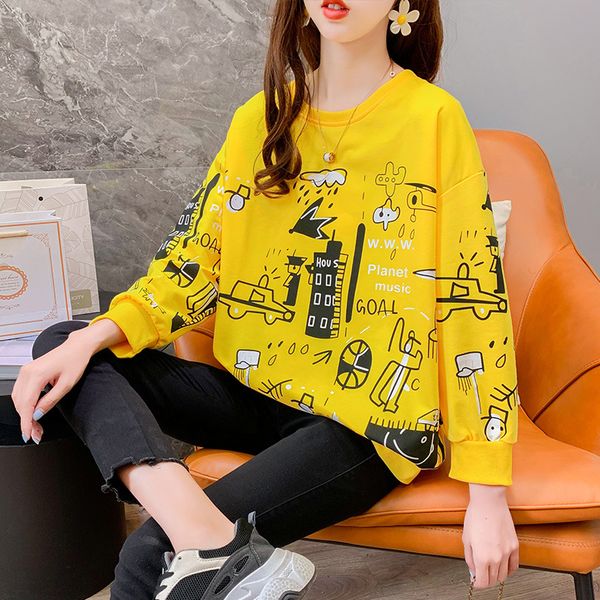 

новый стиль хлопок напечатаны мультфильм осенью и зимой свободно o-образным вырезом свитер женщин с длинными рукавами дна рубашки футболки к, Black