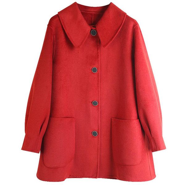 

women's wool & blends autumn and winter doll collar single-breasted solid color double-sided mid-length high-end hand-sewn jacket women, Black