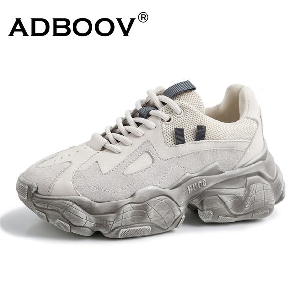 

adboov new genuine leather chunky sneakers women plus size 35-42 platform shoes woman distressed sneakers ladies basket femme 1020, Black;white
