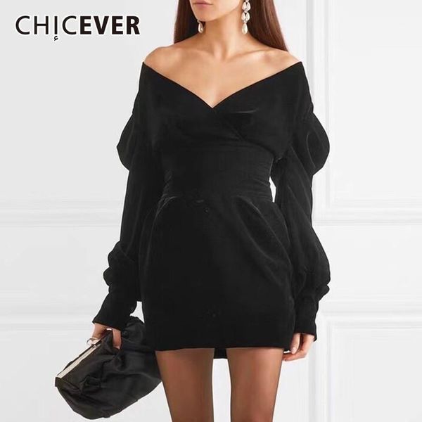 

chicever off shoulder dress for women v neck puff sleeve high waist slim black mini dresses fashion elegant clothes tide1, Black;gray