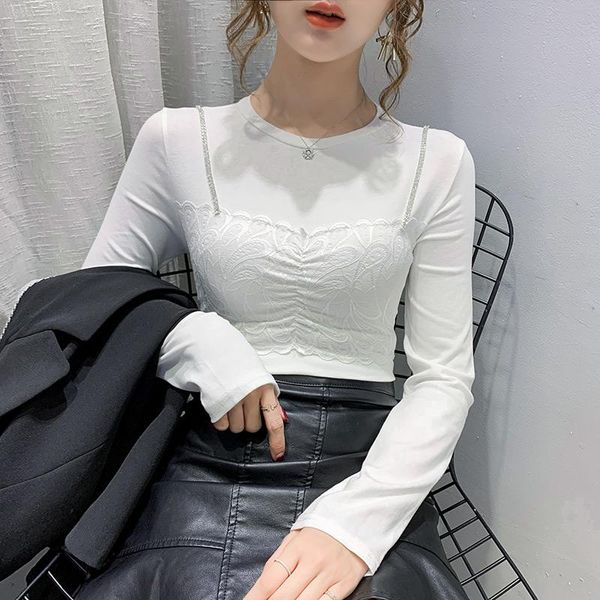 

new elegant fashion women spring autumn thin lace stitching bottoming t shirt lady slim long sleeve t-shirt, White