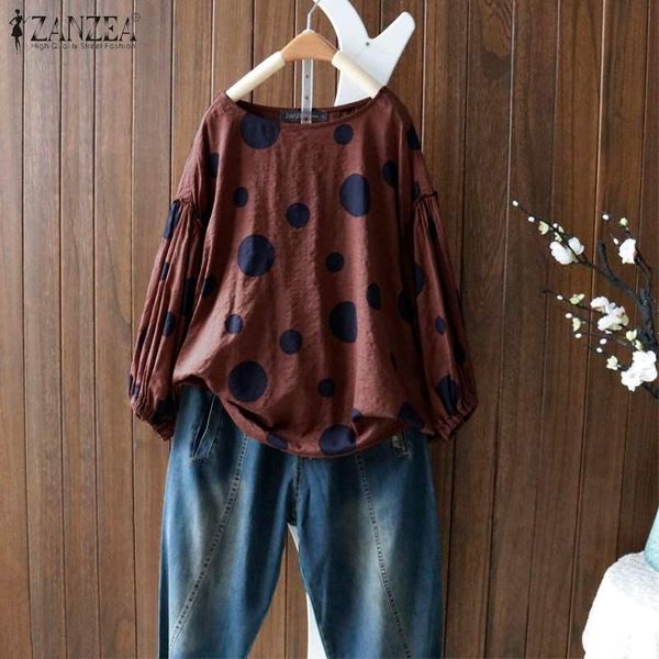 

zanzea women vintage polka dot blouse summer shirt loose blusas chemise plus size blouses casual o neck long sleeve tunic, White
