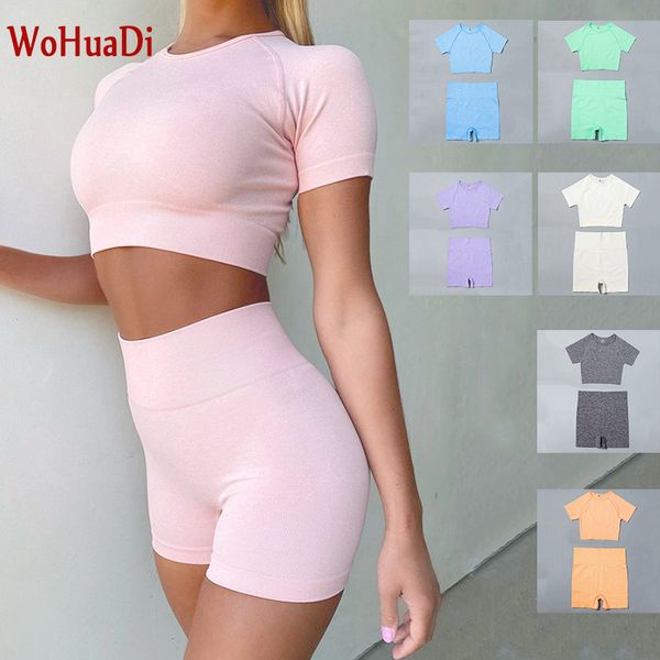 

wohuadi summer seamless yoga set women's clothing 2piece sport crop t-shirt+shorts leggings push up fitness workout gym suit c0122, Gray