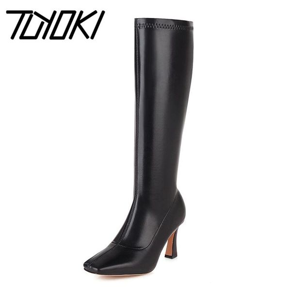 

tuyoki size 34-43 women knee boots thick high heel square toe zipper shoes winter warm boots women fashion party footwear, Black
