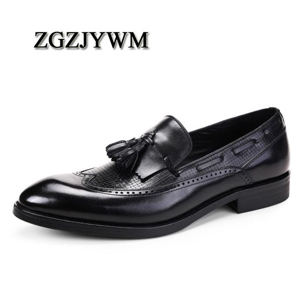 

zgzjywm breathable black/red dress genuine leather carved style pointed toe slip-on wedding business wedding shoes with tassel
