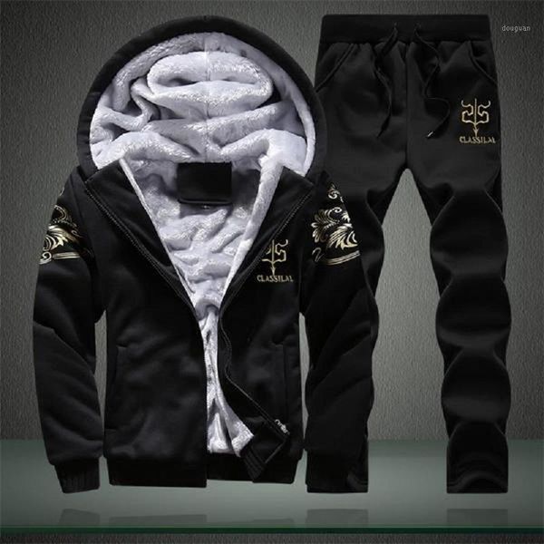 

men's winter outfits men tracksuit 2 piece set hooded jacket + pants warm casual clothes print fleece lined fashion suits s-4xl1, Gray