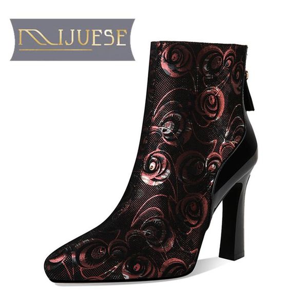

boots mljuese 2021 women ankle sheepskin winter short plush pointed toe zip print super high heels female size 39, Black