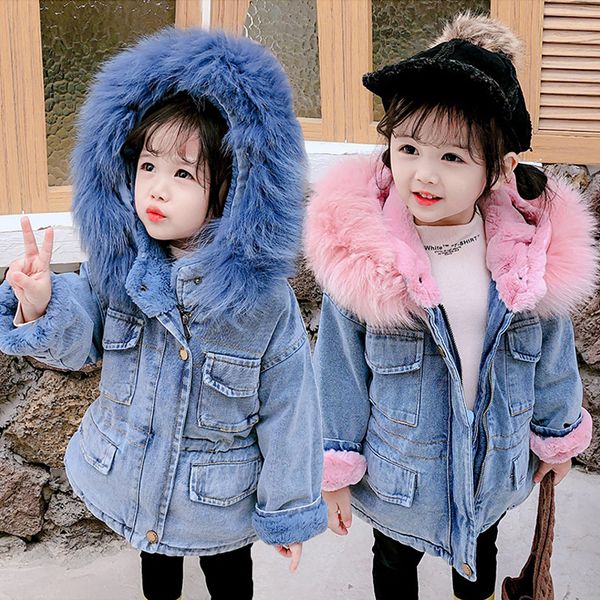 

baby winter denim clothes children plus velvet thick fur collar hooded warm girl jacket q1103, Blue;gray
