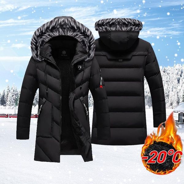 

winter men jackets warm thick multi-pocket hooded parkas coats mens casual fleece fur collar windbreaker padded overcoat solid1, Black