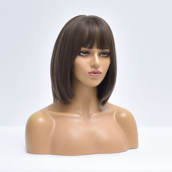

costume accessories brown daily short straight hair synthetic wigs with bangs for white women cosplay nutural heat resistant female fiber bo, Silver