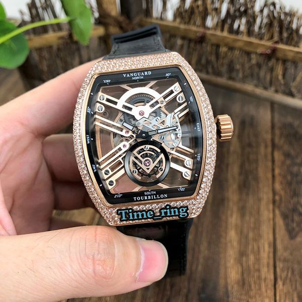 

edition v 45 t sqt skeleton dial rose gold diamond case automatic mechanical movement mens watch black leather strap designer watches, Slivery;brown