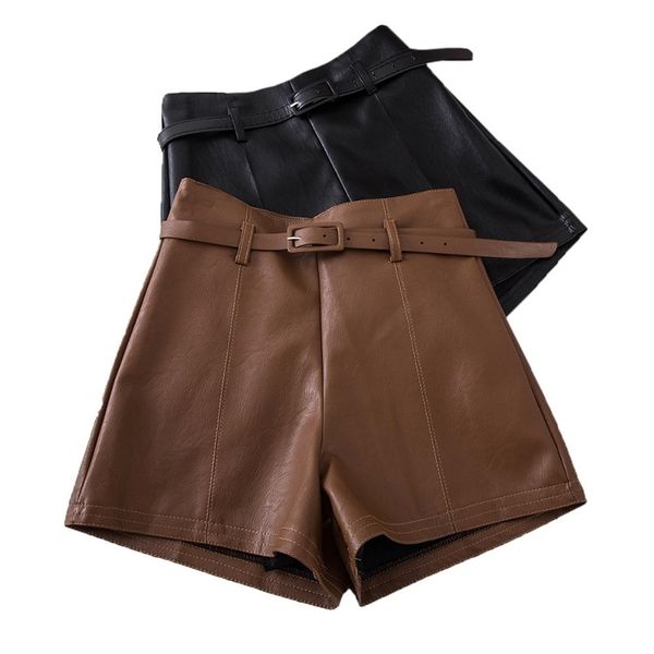

casual pu leather shorts for women high waist sashes wide leg shorts spring summer loose elastic waist leather shorts y200403, White;black