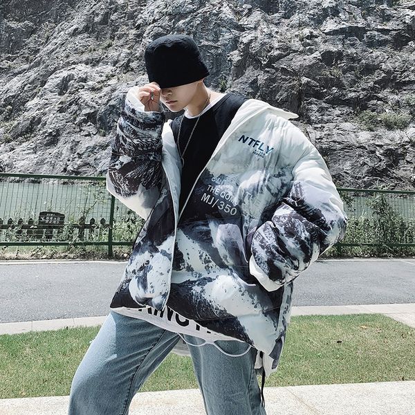 

mens winter coats fashion mens jacket snow printing hooded zipper windbreaker casual loose men winter jacket size m-3xl, Black