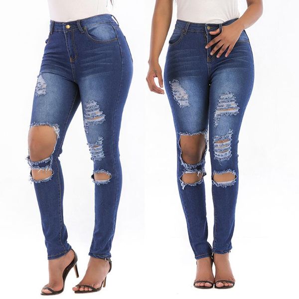 

2020 new dark blue jeans pancil pants women high waist slim hole ripped denim jeans casual stretch trousers