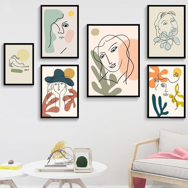 

nordic fashion abstract women face matisse line drawing poster & prints colorful girls canvas painting wall art pictures bedroom1