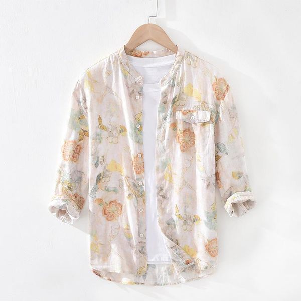 

summer men shirt mens ethnic printed stand collar three quarter sleeve vogue 100% linen slim fit chic hawaiian, White;black