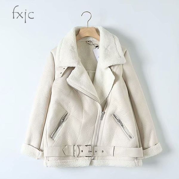 

fur keep warm and windproof chic motorcycle lapel long sleeve women jacket beige lamb fur belt women's coat female thicken 201126, Black;brown