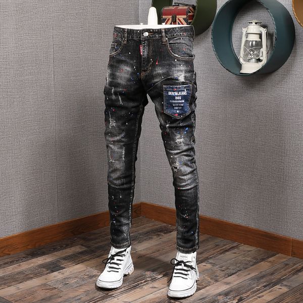 

2021 autumn new fashion men italian style vintage designer painted ripped jeans streetwear elastic slim fit hip hop long pants seac, Blue