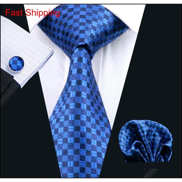 

mens blue check silk tie hankerchief cufflinks set jacquard woven mens necktie set business work formal meeting leisure n-0561 8ohez, Black;blue