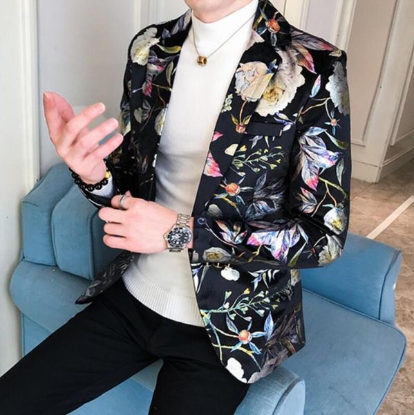 

korean fashion floral print mens nightclub party clothing retro single-breasted youth daily casual blazer 201106, White;black