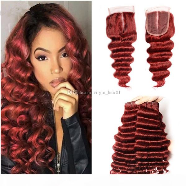 

99j russian hair bundles with lace closure deep wave wine red hair bundles with lace closure peruvian virgin hair extension 4pcs lot, Black;brown