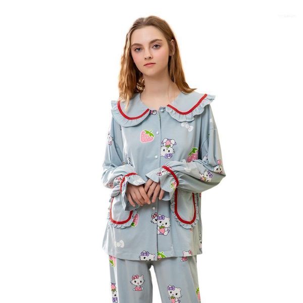 

women cotton home suit spring autumn student cute cartoon cat cardigan pajamas set strawberry nightwear11, Black;red
