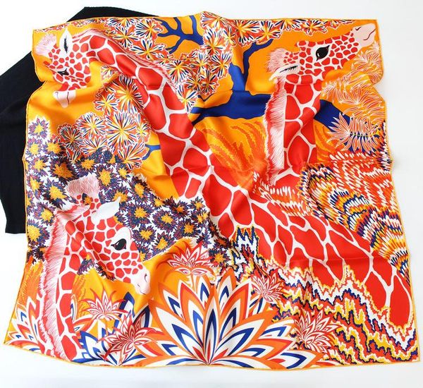 

giraffe jungle scarf women 100% twill silk hand rolled edges 90*90cm shawls 35"x35" brand design, Blue;gray