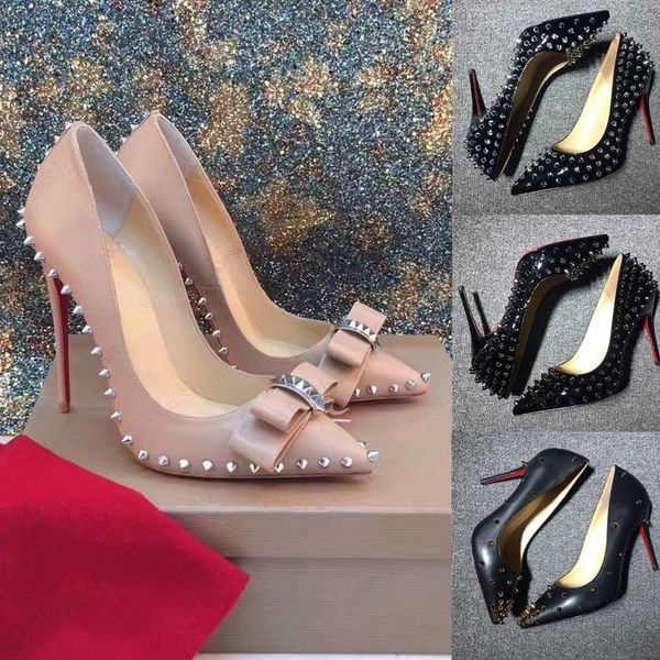 

with box women's shoes high heels red bottom rivet patent leather pointed stiletto heel ladies wedding soles are red 8cm 10cm 12cm 35-4, Black
