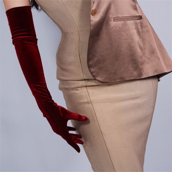 

60cm velour gloves extra long section wine red over elbow female high elastic swan velvet gold velour touchscreen woman wsr03 201019, Blue;gray