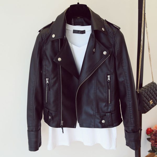 

women's synthetic autumn spring imitation leather coat, black sweatshirt and zipper, 2020