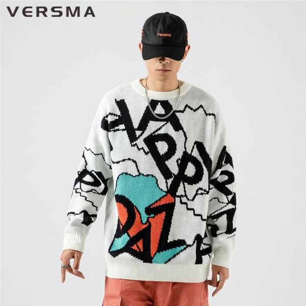 

versma korean ulzzang cartoon print roll neck men vintage sweater pullover hip hop streetwear oversize ugly sweater hombre 5xl, White;black