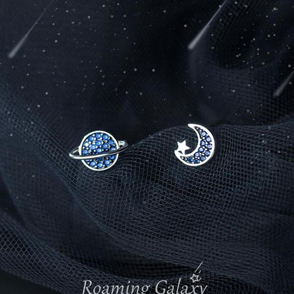 

stud blue cubic zirconia star moon asymmetric earrings small ear jewelry 925 sterling silver for kids daughter girl, Golden;silver