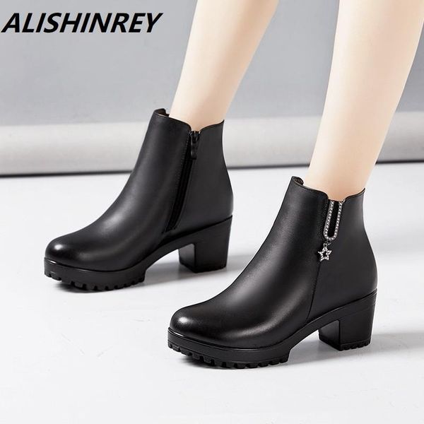 

alishinrey autumn winter boots shoes women ankle boots female thick heels women boot platform shoes warm, Black