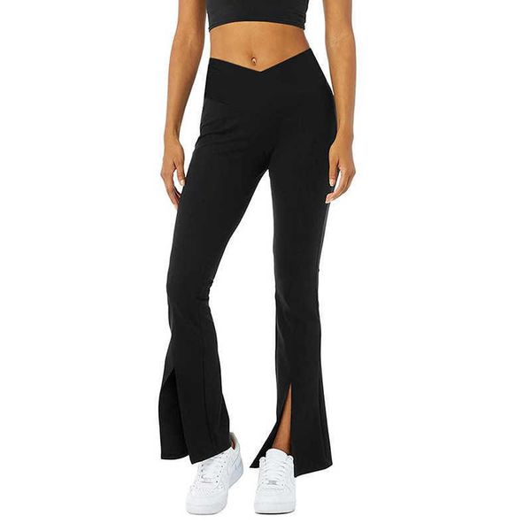 

yoga split flared pants women's leggings v-waist split without pocket high waist elastic belly closing dance pant trouses, Black