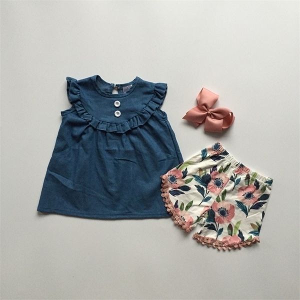 

summer baby girls children clothes denim shorts pom-pom shorts dusty floral flower pattern outfits ruffles boutique match bow y200525, White