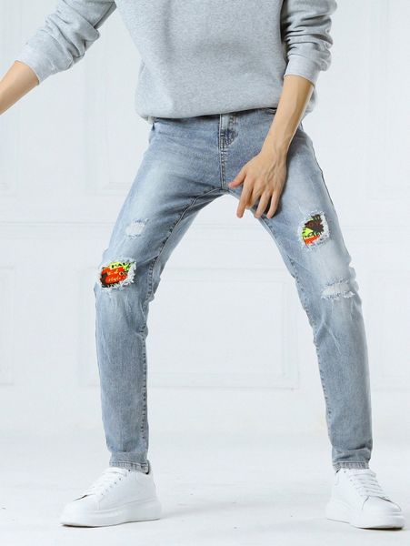 

men letter patched ripped jeans n24d#, Blue