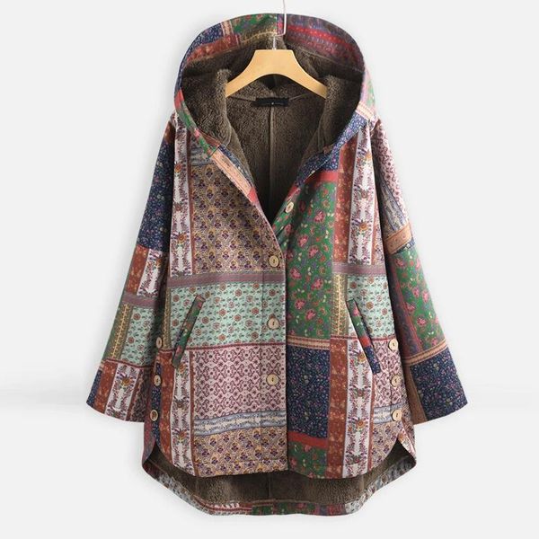 

winter warm oversized coats women fleece jacket retro printing splicing button hooded long sleeves coat outerwear ladies jackets, Black;brown