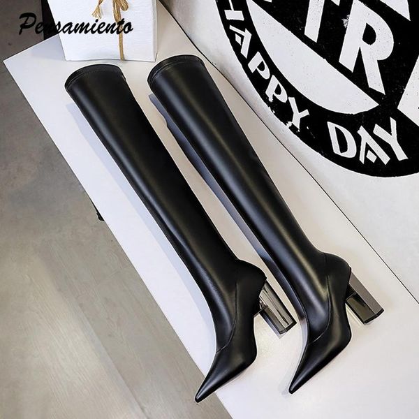 

brand women leather thigh high boots thick high heels stretch skinny over the knee boots autumn winter warm female shoes, Black